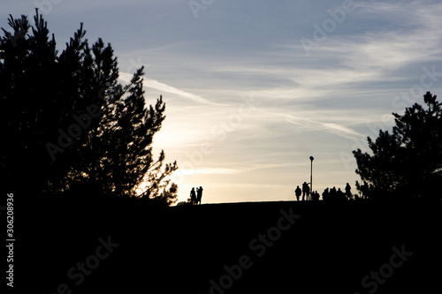 Silhouettes of trees and people on sunset sky background