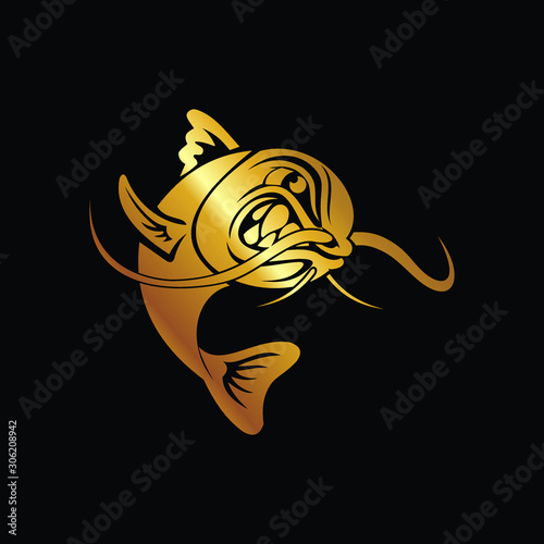 Gold catfish logo in black background