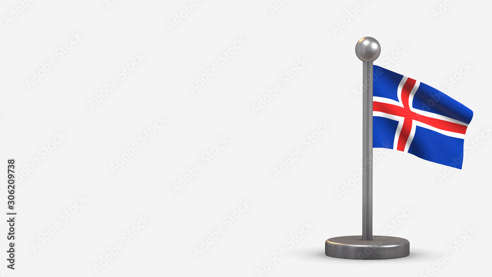 Fototapeta premium Iceland 3D waving flag illustration on tiny flagpole.