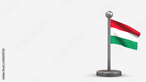 Hungary 3D waving flag illustration on tiny flagpole.