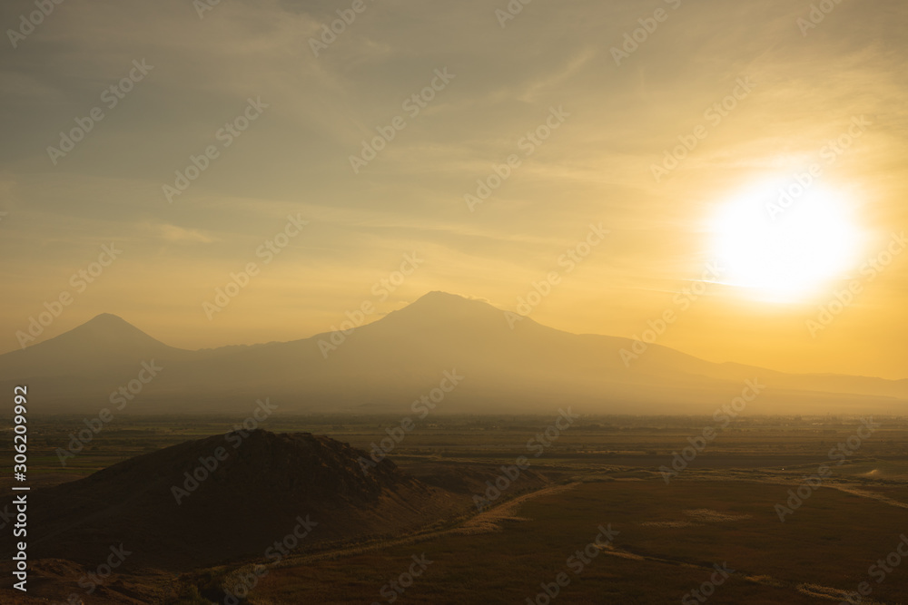 Beautiful landscape at sunset on Mount Ararat in Armenia. Near the city of Yerevan.