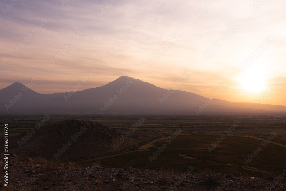 Beautiful landscape at sunset on Mount Ararat in Armenia. Near the city of Yerevan.