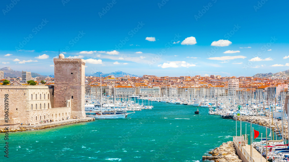 Saint Jean Castle and Cathedral de la Major and the Vieux port in Marseille, France - obrazy, fototapety, plakaty 