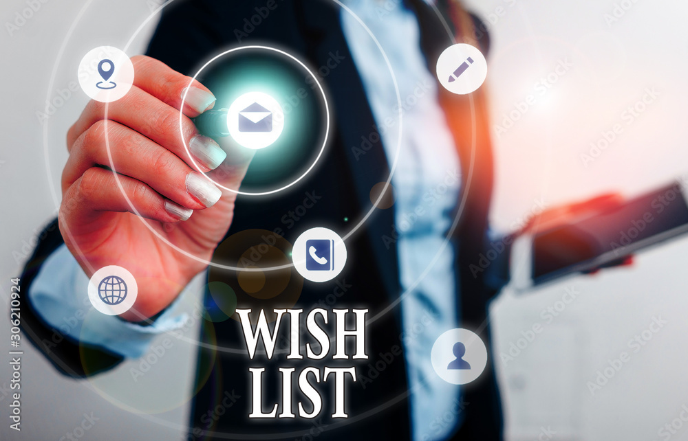 Text sign showing Wish List. Business photo showcasing List of desired but often realistically unobtainable items Text sign showing Wish List. Business photo showcasing List of desired but often realistically unobtainable items