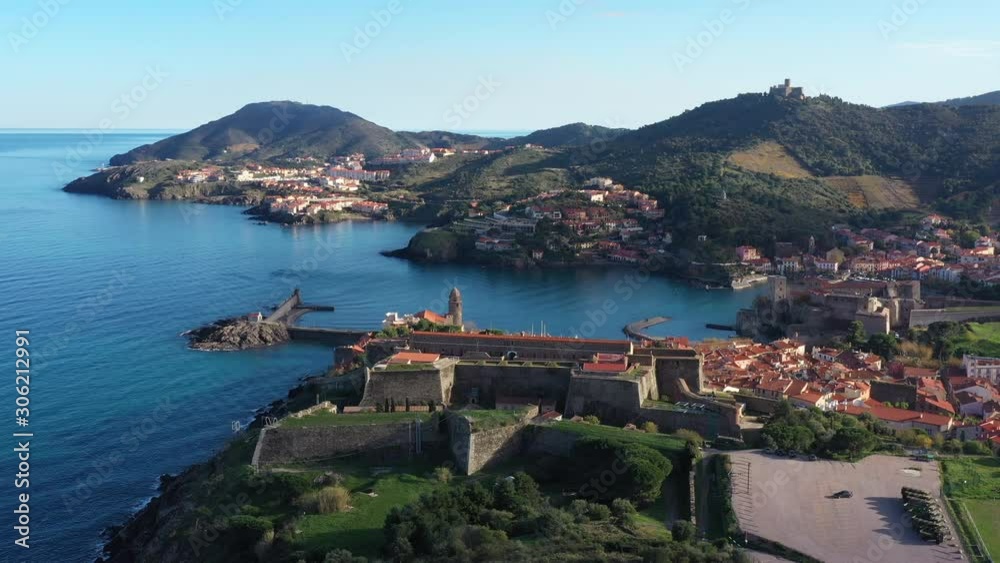 Aerial view of the bay in Collioure France sunny day fortress, church Sainte Anne, royal castle Aerial view of the bay in Collioure France sunny day fortress, church Sainte Anne, royal castle