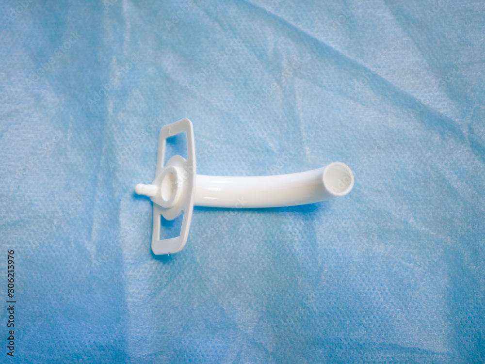 Tracheostomy tube closeup. For emergency care, help closeup. View