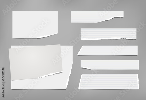 Free Download Set of torn white, lined and squared note, notebook paper pieces, reminder tapes stuck on grey background. Vector illustration - GFXLoad