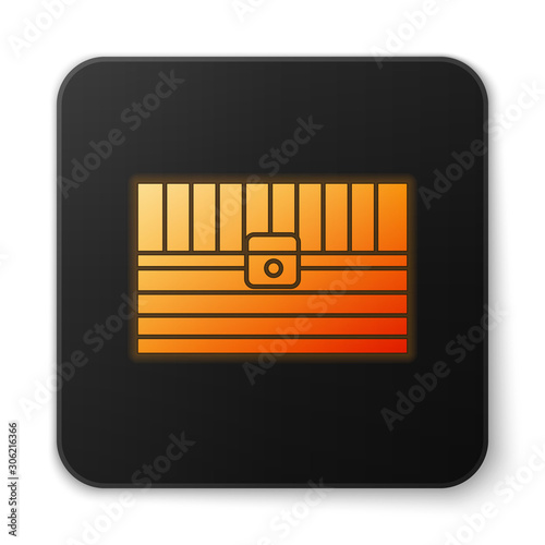 Orange glowing neon Antique treasure chest icon isolated on white background. Vintage wooden chest with golden coin. Black square button. Vector Illustration