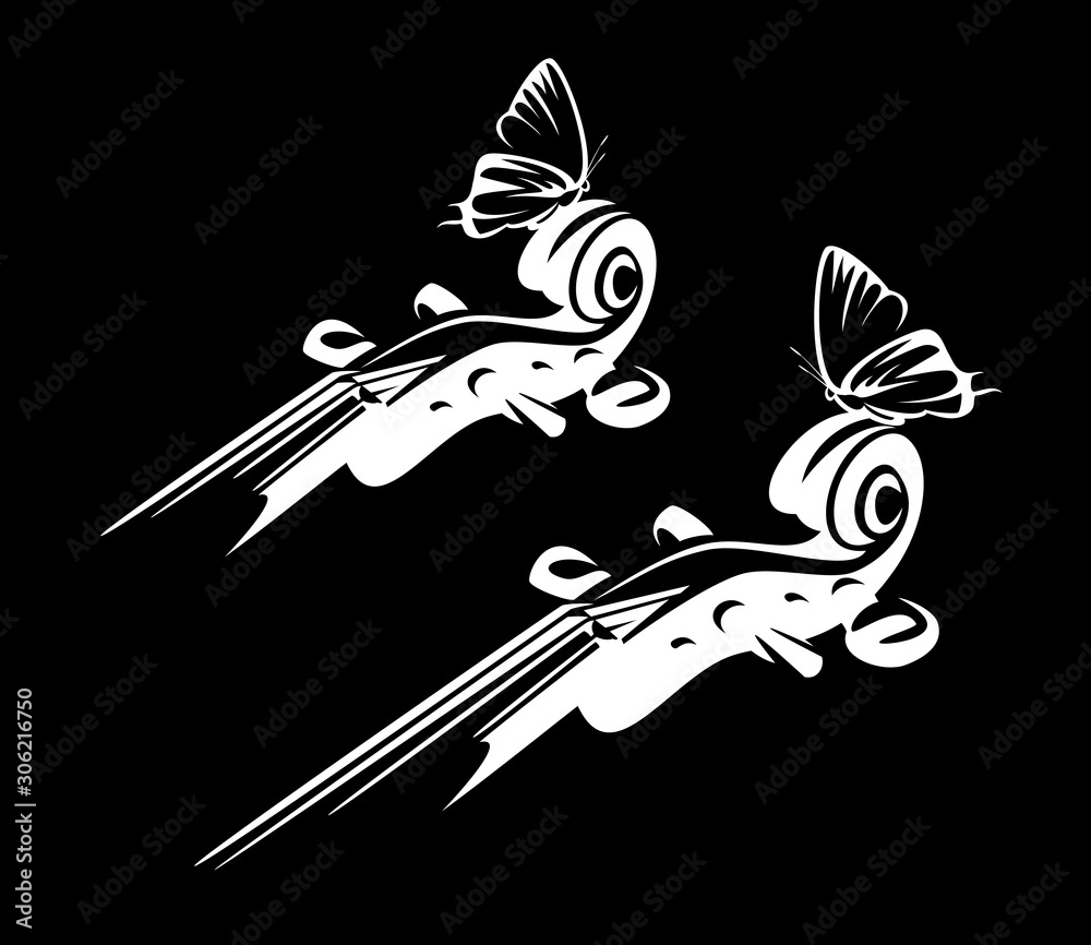 Fototapeta violin neck and sitting butterfly - classical string instrument black and white vector silhouette design set