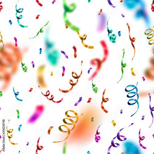 Bright colorful confetti and serpentine on white background, anniversary party seamless pattern