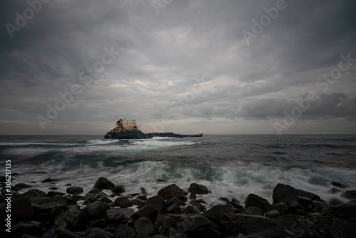 ship sinking after storm in the sea