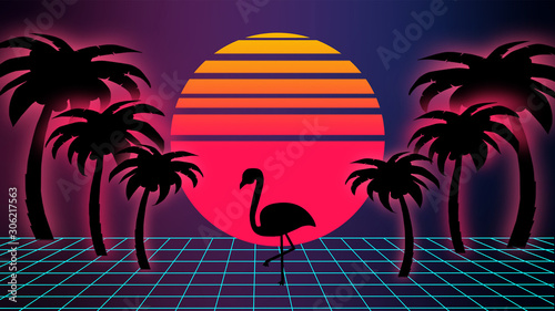 Retro background in the style of the 1980s. Digital retro landscape cyber surface. Fashion of the 80s. photo