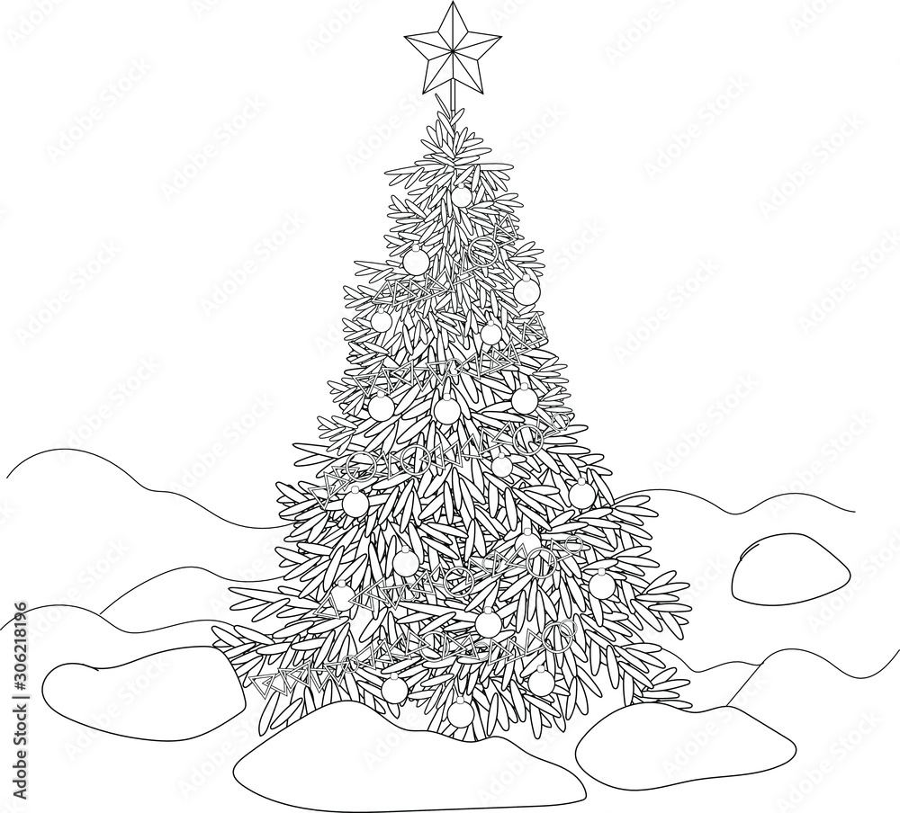 Christmas tree with decorations and snow coloring page in outlines ...