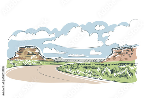 New Mexico Chaco kanion vector sketch illustration usa nature photo