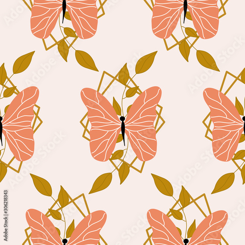 Orange butterflies and leaves in a seamless pattern design