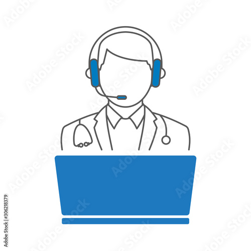 Doctor Icon Vector, Person Avatar Symbol With Laptop and Wearing Headset for On-line Consultation for Advice and Support Service for Patient illustration
