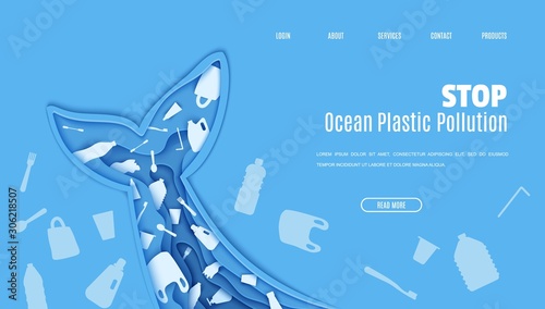 Web page design template stop ocean plastic pollution in paper cut style. Tail fin in the form papercut layer cave with plastic bag for rubbish, bottle, disposable tableware. Vector ecological concept
