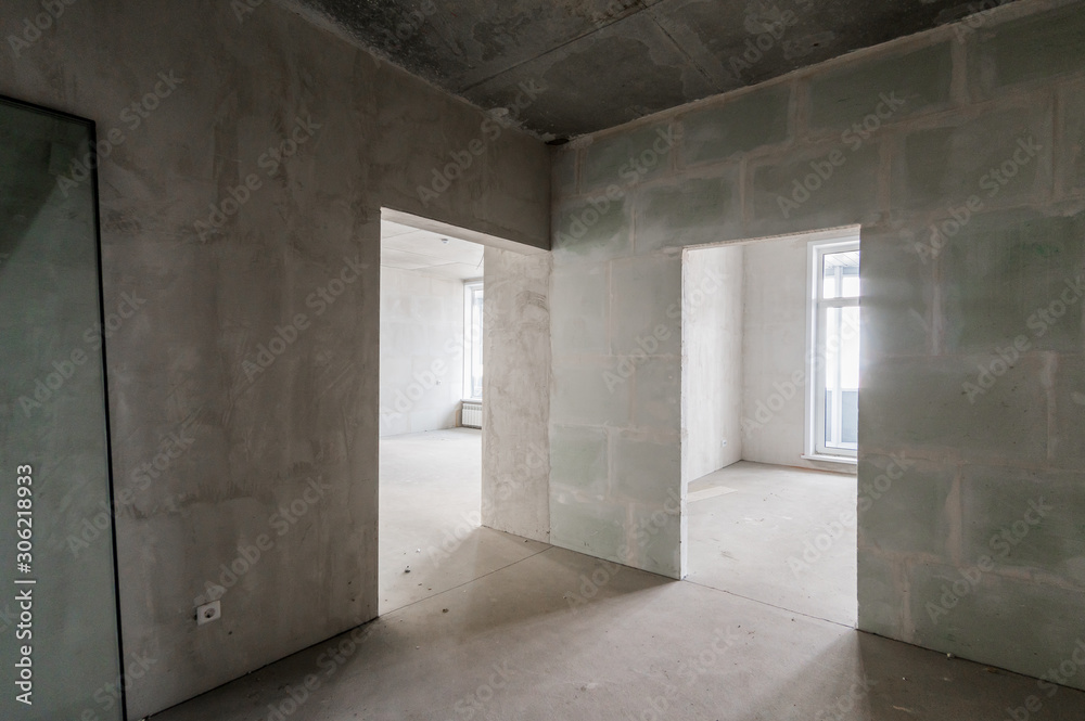 Russia, Moscow- July 16, 2019: interior room. rough repair for self-finishing. interior decoration, bare walls of the room, stage of construction
