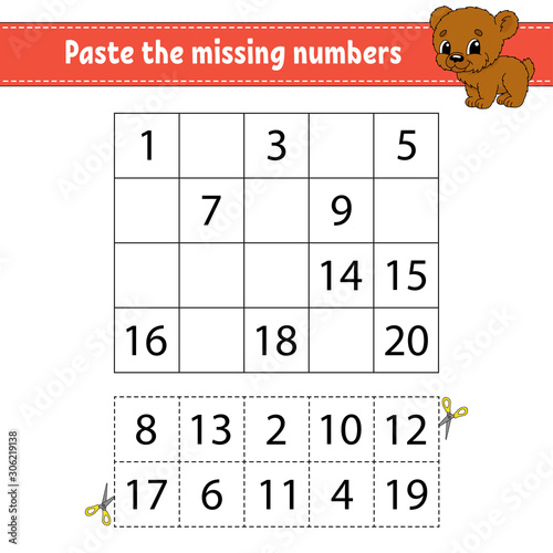 Paste the missing numbers. Game for children. Handwriting practice. Learning numbers for kids. Education developing worksheet. Activity page. Isolated vector illustration in cute cartoon style