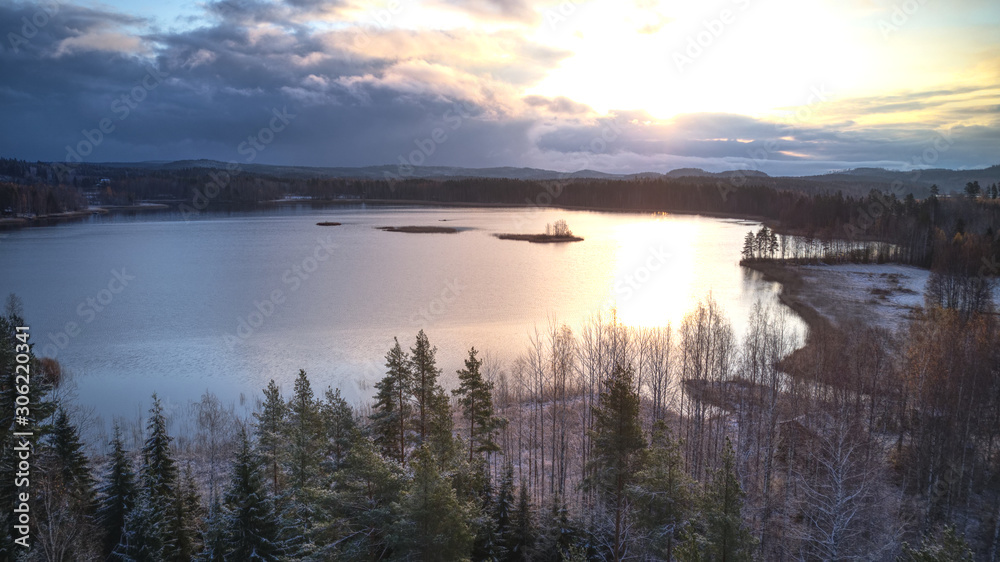 Incredible frozen lake in spring. Nature in Nordic Countries