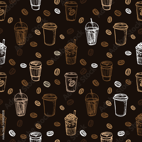 Vector illustration of coffee frappe cup to go with cream, chocolate and beans pattern set on brown color background