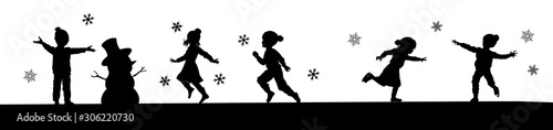 A scene of children in silhouette playing in Christmas or winter cold weather clothing making snowman, ice skating and running in the snow