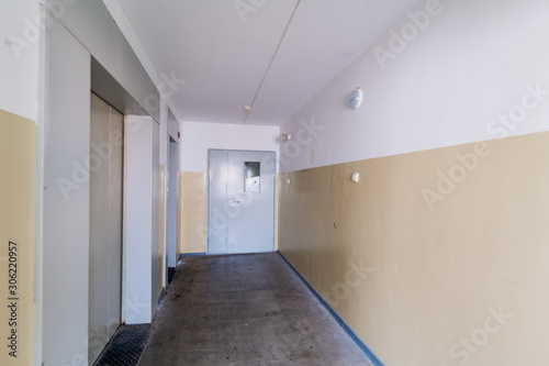 Russia, Moscow- July 21, 2019: interior room apartment. standard repair decoration in hostel. public place, staircase