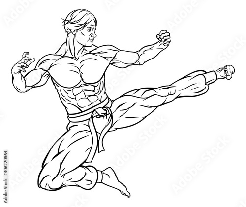 An illustration of a kung fu or karate martial artist delivering a flying kick