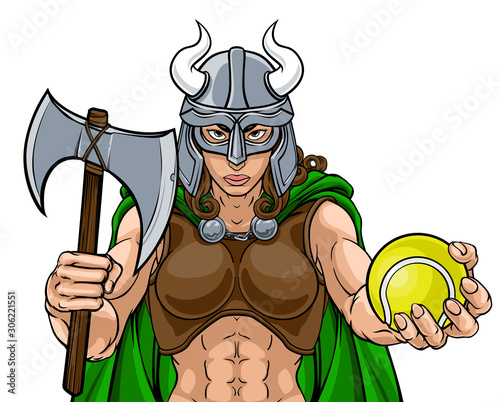 A Viking female warrior woman gladiator tennis sports mascot