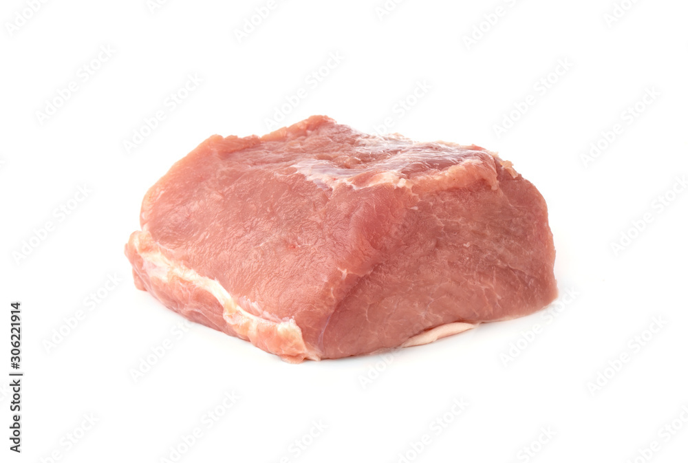A piece of meat on a white background. Raw piece of pork close-up.
