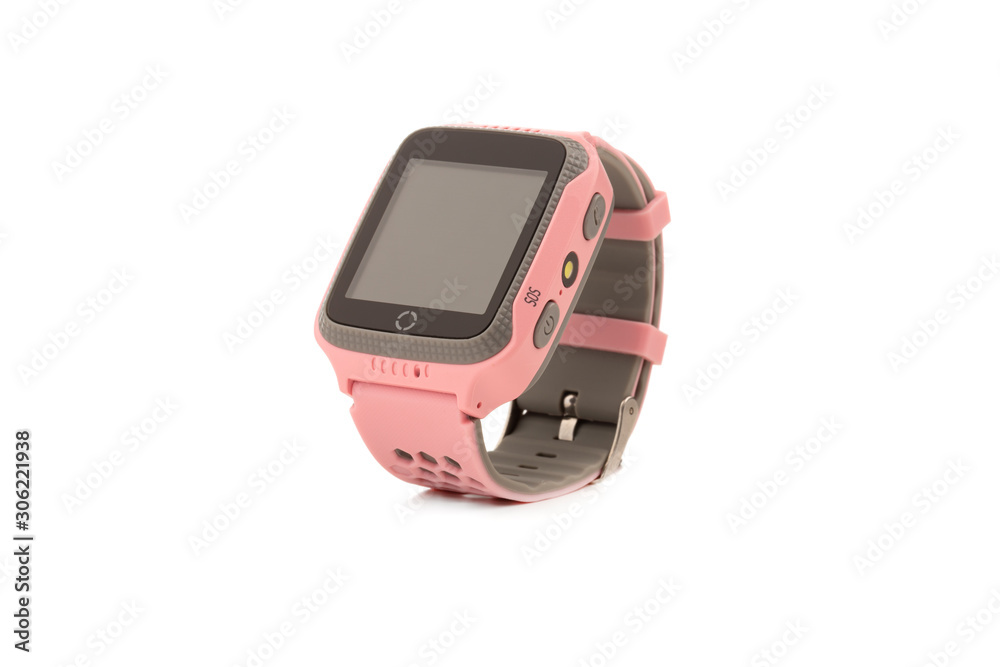 Children's smart watch on a white background. Smart watch of pink color on a white background. Children's smart watch on a white background. Smart watch of pink color on a white background.