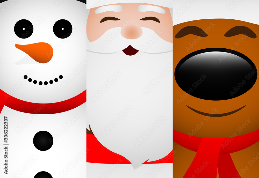 Fototapeta premium Cards with Santa Claus, reindeer and snowman