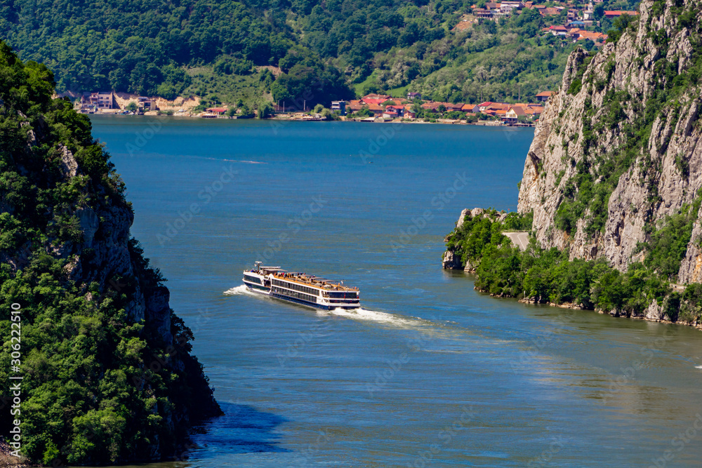 Cruise ship on Danube river in the Iron Gates also known as Djerdap ...