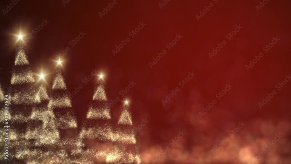 sparkling lights golden Christmas tree forest card.Merry Christmas and Happy New Year greeting message on red background,snow flakes.Elegant animated holiday season social post digital xmas card
