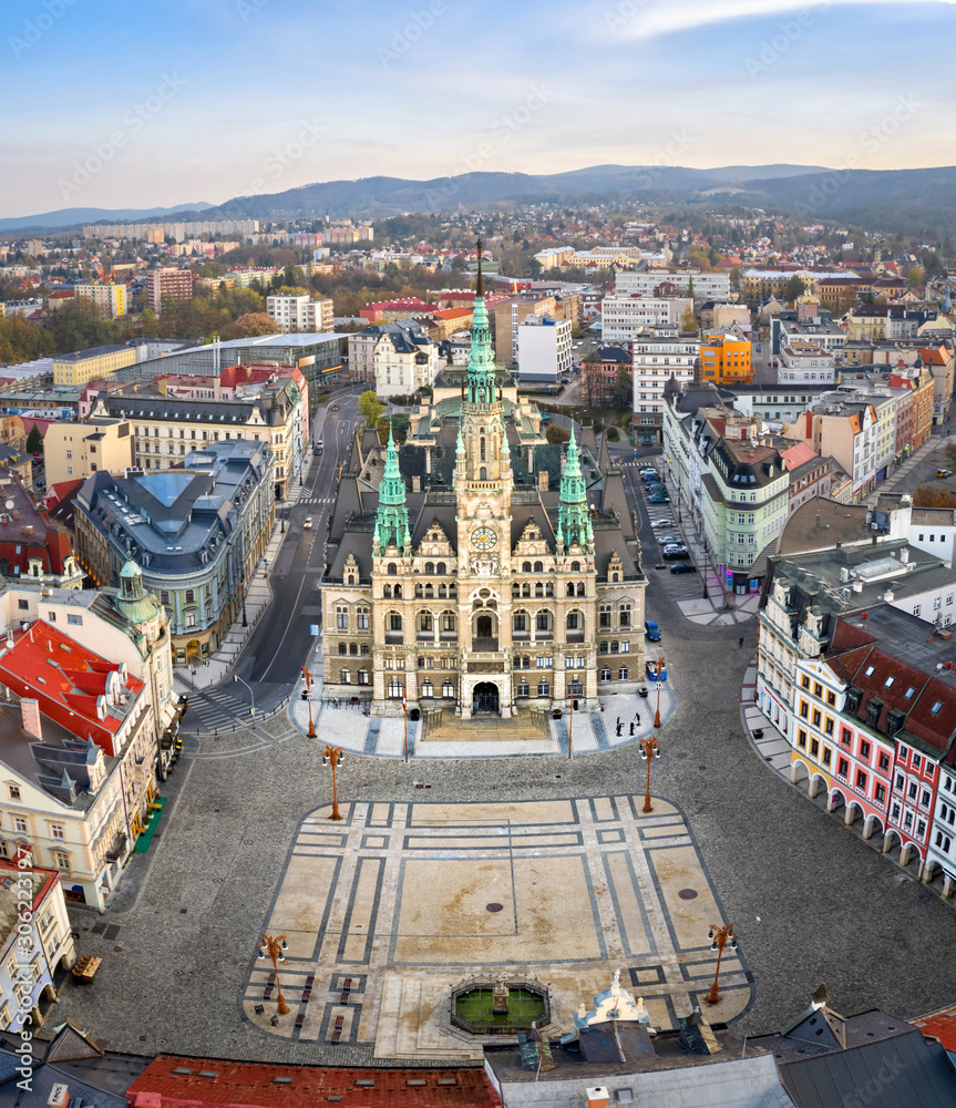 Liberec, Czechia. Aerial view of central square and building of historic Town Hall