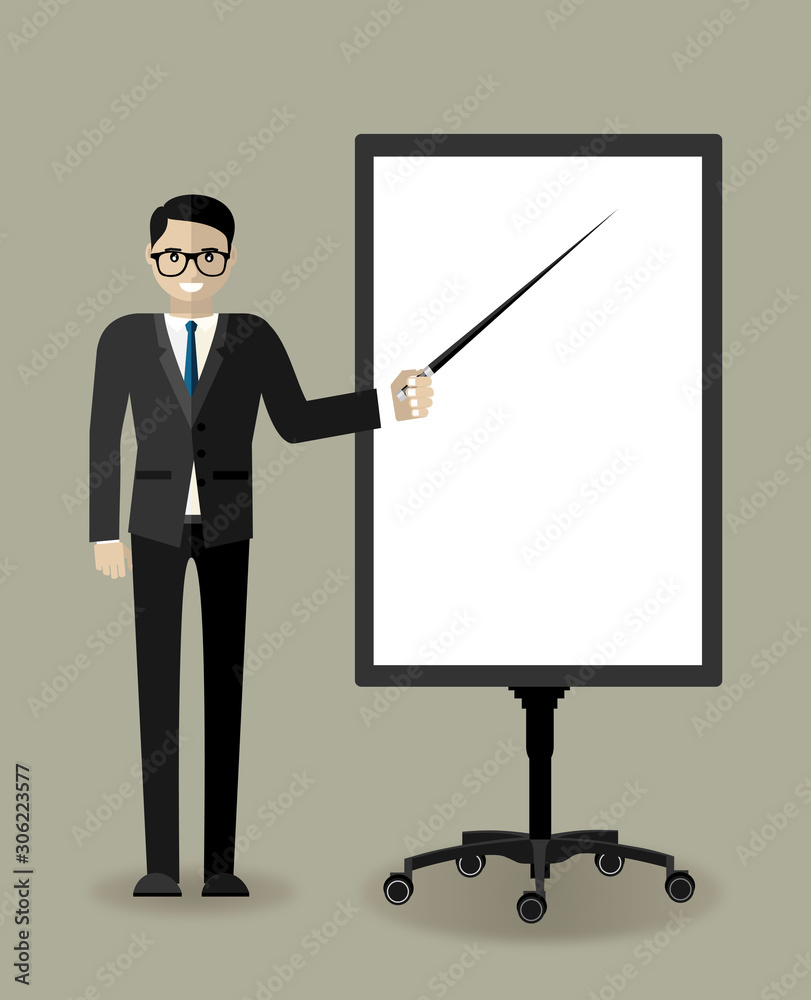 Businessman in suit and tie making presentation explaining charts on a white board. Business seminar. Flat style vector illustration isolated on white background. Businessman in suit and tie making presentation explaining charts on a white board. Business seminar. Flat style vector illustration isolated on white background.