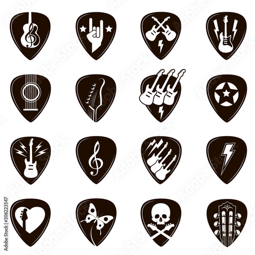 collection of different black guitar picks isolated on white background