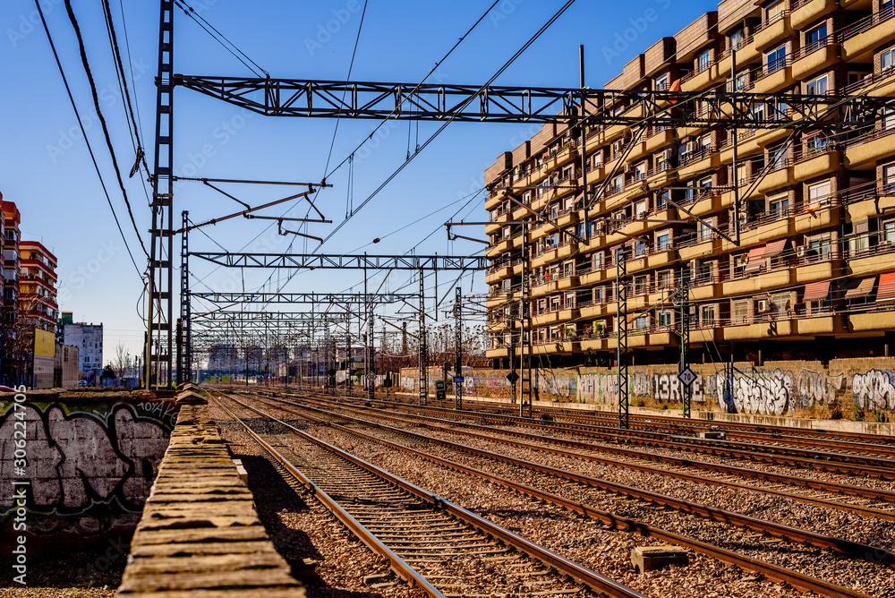 Valencia, Spain - January 12, 2019: Empty train tracks in the North station of Valencia.