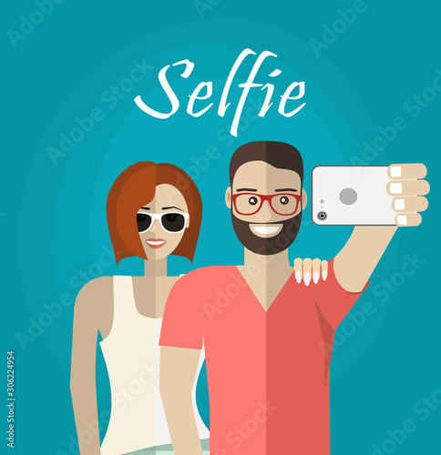 Happy couple making selfie, romantic mood. Stylish sunglasses. Happy laughing emotional faces. Modern flat design
