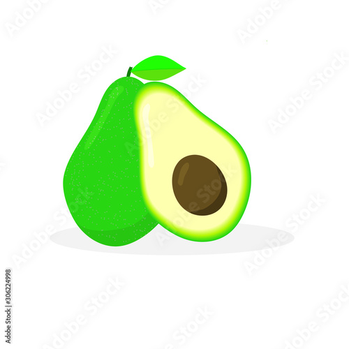 A whole avocado and its half with a bone isolated on a white background. Vector illustration, flat.