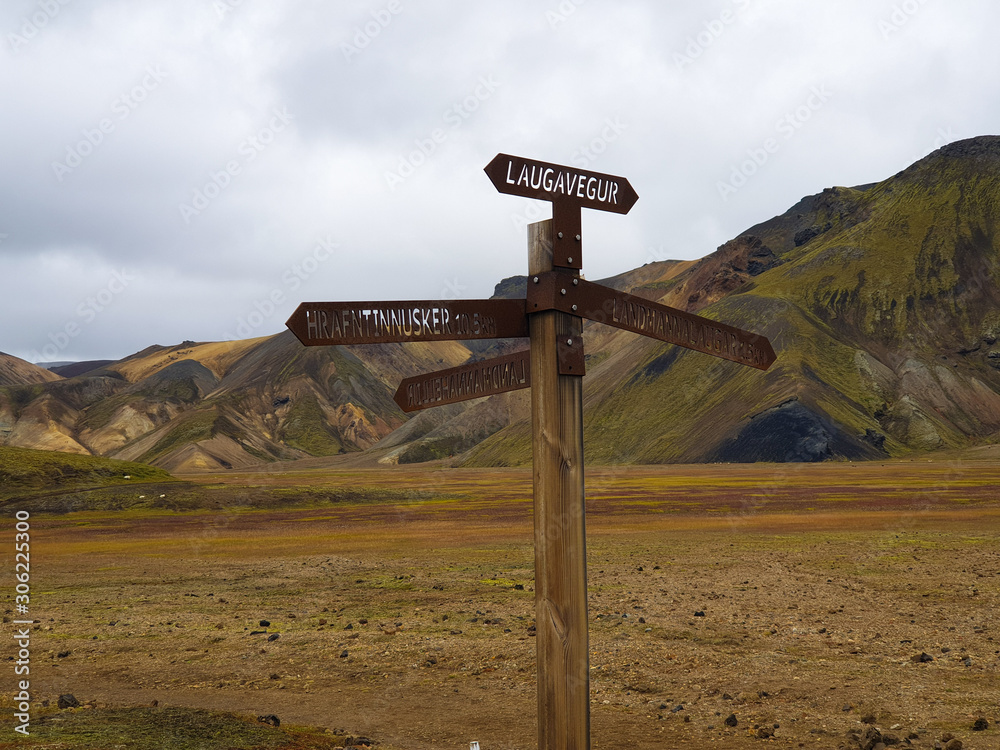 Signpost in colorful mountains in Iceland Signpost in colorful mountains in Iceland