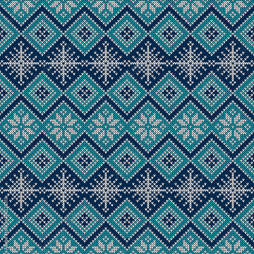 Knitted scandinavian pattern with snowflakes. Vector.