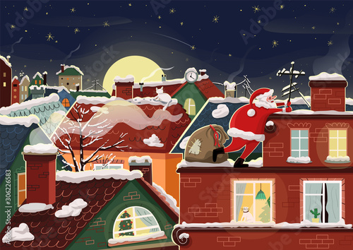 Santa Claus climbs on the roof to the chimney to put Christmas gifts against the winter night snowy city background. Merry Christmas and New Year greeting card. Vector illustration.