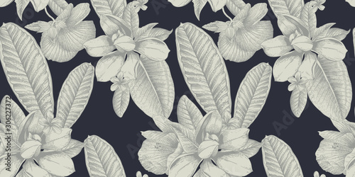 Seamless floral pattern with tropical flowers on light background. Template design for textiles, interior, clothes, wallpaper. Vector illustration.  Botanical art.  Engraving style