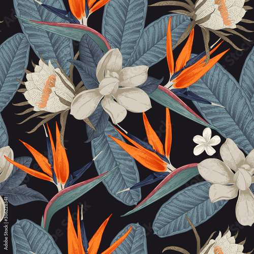 Seamless floral pattern with tropical flowers on light background. Template design for textiles, interior, clothes, wallpaper. Vector illustration.  Botanical art.  Engraving style