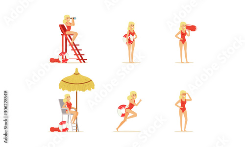 Beach-rescue Blonde Woman Character Performing Her Duties