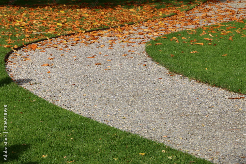 Obraz premium Kiesweg durch einen Park im Herbst