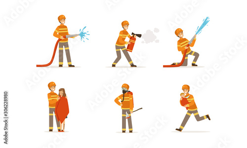 Young Firefighter Wearing Uniform Performing His Duties and Saving People Vector Illustrations