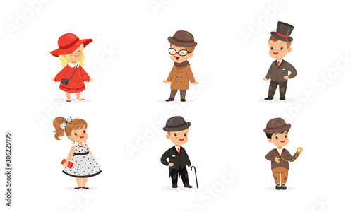 Little Cute Children Characters Wearing Adult Attire Vector Set