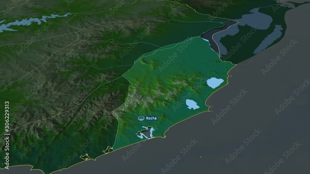 Rocha - department of Uruguay with its capital zoomed on the physical map of the globe. Animation 3D Rocha - department of Uruguay with its capital zoomed on the physical map of the globe. Animation 3D